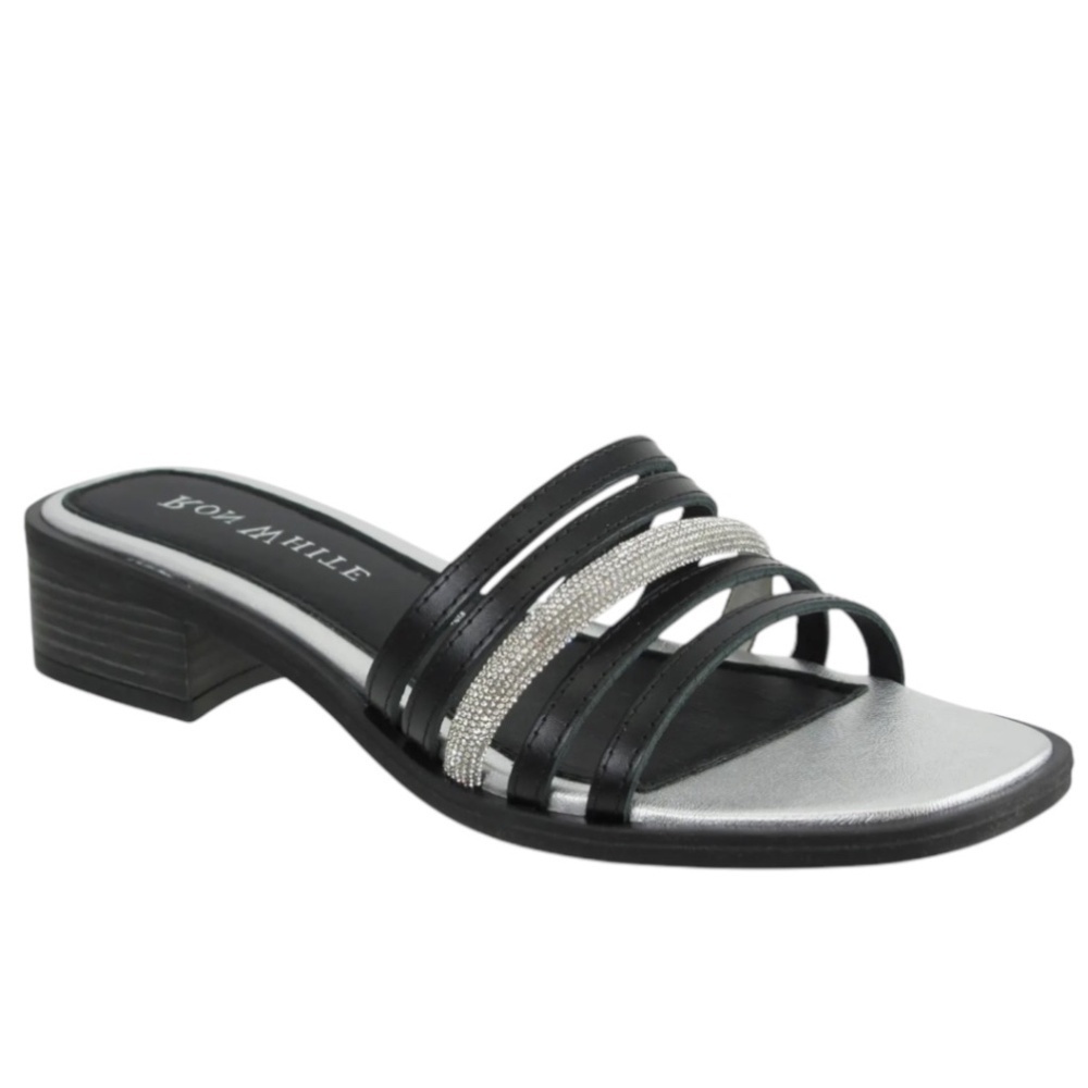 RON WHITE Vega Rhinestone Slide Sandal Onyx Silver Heel Size 40 / 9.5 NEW